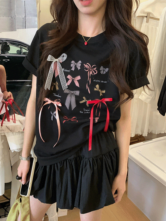 【603】[72H限定！半額以下！] 5色展開 立体リボン付き コットンTシャツ レディース 半袖 ゆったり 柔らかい 着心地良い オーバーサイズ 体型カバー カジュアル おしゃれ ルームウェア インナー 夏服
