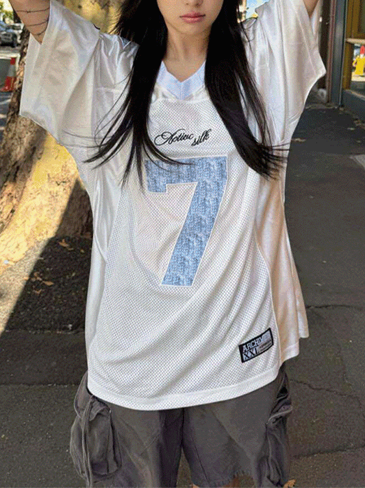 【251】オーバーサイズ Vネック ナンバープリント ジャージ風Tシャツ レディース ビッグシルエット 半袖トップス スポーツMIX ゆったり 2025夏新作 ストリートカジュアル 男女兼用 ナンバープリントTシャツ