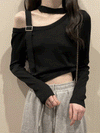 【121】春秋 ハーネスネック オフショルダー ロングスリーブ ニットトップス 長袖 Tシャツ クロップド丈 セクシー 露肩 インナー ハイウエスト レディース