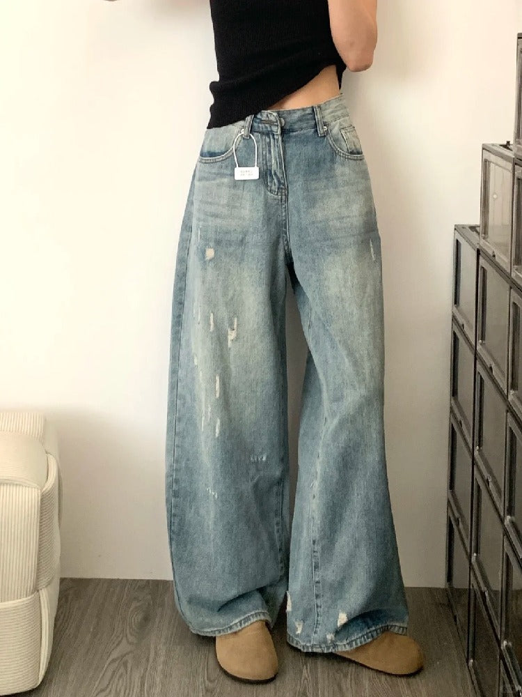 【737】アメリカンヴィンテージ デニムパンツ レディース ハイウエスト ストリート スタイル ブルー ダメージ加工 ワイドレッグ ルーズ フィット 美脚 ストレートパンツ カジュアル 春夏新作