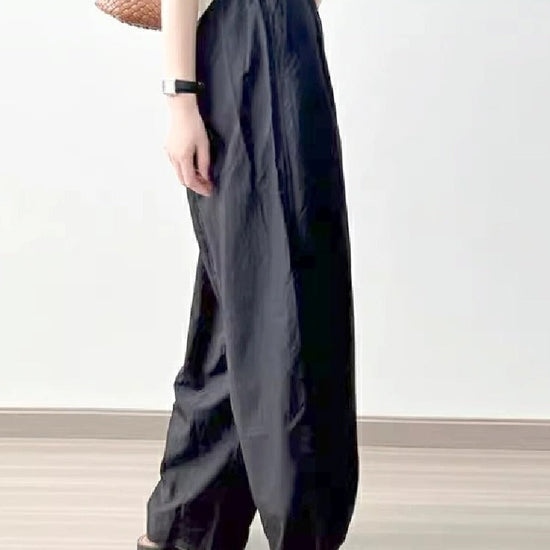 4色展開 ハイウエスト ワイドパンツ レディース 薄手 綿麻風 ゆったり 楽ちん ロング丈 体型カバー ウエストゴム 涼感 カジュアル 夏新作