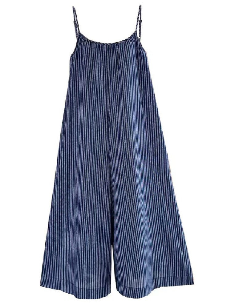 【738】ブルーストライプ サロペット レディース 夏用 ワイドパンツ ルーズフィット シェイプアップ カジュアル オールインワン ゆったり ストラップパンツ 体型カバー 涼感 春夏新作
