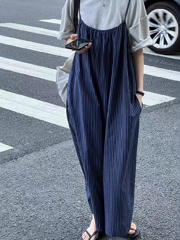 【738】ブルーストライプ サロペット レディース 夏用 ワイドパンツ ルーズフィット シェイプアップ カジュアル オールインワン ゆったり ストラップパンツ 体型カバー 涼感 春夏新作