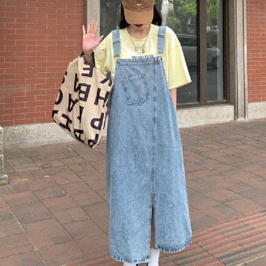【799】ヴィンテージ ゆったり デニム サロペット レディース 夏 新作 韓国風 アシンメトリー スリット ミディ丈 ワンピース トレンディ