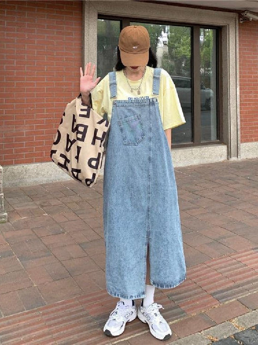 【799】ヴィンテージ ゆったり デニム サロペット レディース 夏 新作 韓国風 アシンメトリー スリット ミディ丈 ワンピース トレンディ