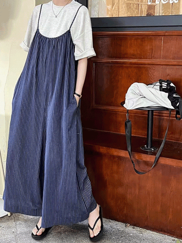 【738】ブルーストライプ サロペット レディース 夏用 ワイドパンツ ルーズフィット シェイプアップ カジュアル オールインワン ゆったり ストラップパンツ 体型カバー 涼感 春夏新作
