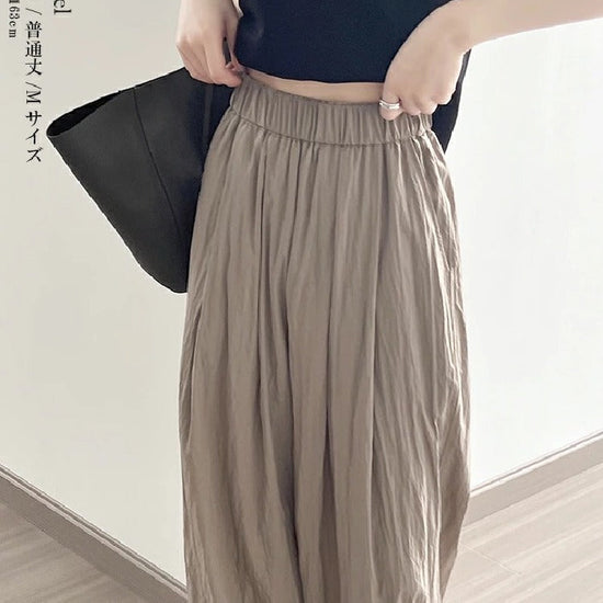 4色展開 ハイウエスト ワイドパンツ レディース 薄手 綿麻風 ゆったり 楽ちん ロング丈 体型カバー ウエストゴム 涼感 カジュアル 夏新作