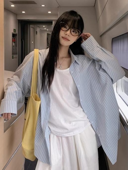 【255】[上下セットで即コーデ完成！] 韓国風 オーバーサイズ 2点セットアップ ストライプシャツ＆ワイドパンツ レディース UVカット 春 リラックススーツ