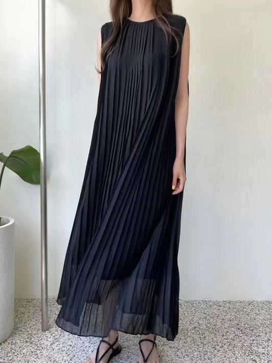 【319】[透け感が絶妙] 夏にぴったりな涼感ワンピース レディース シフォン ノースリーブ ロング丈 プリーツ ベルト付き 着痩せ効果 ウエストマーク 上品 きれいめ 夏コーデ