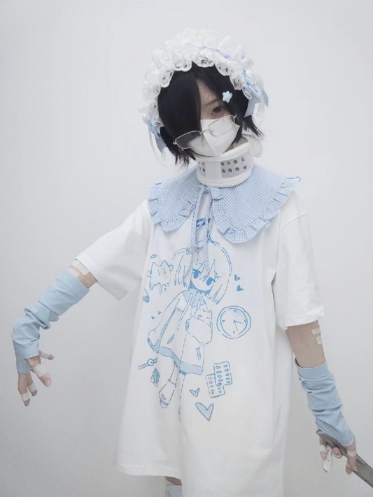 【590】水色プリント 地雷系 y2k 二次元 BIG Tシャツ レディース 夏 新作 オーバーサイズ 半袖トップス お出かけ/部屋着 ※付け襟なし