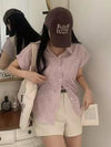 【586】[破格プライス！] 4色展開 韓国風 チェック柄 半袖シャツ レディース 単ボタン ワイドシルエット ショートスリーブ トップス ゆったり 夏