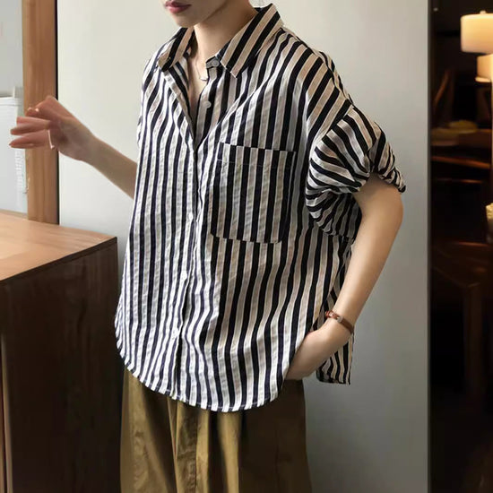 ID788 2色展開 ストライプ柄 シャツ レディース 五分袖 バルーンスリーブ ゆったり ショート丈 高見え トップス 夏 カジュアル