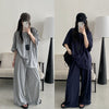 【653】2色展開 2点セット コットンロールアップTシャツ+ワイドパンツ セットアップ レディース 夏 ベーシック 韓国風 ルームウェア 外出 散歩 カジュアル