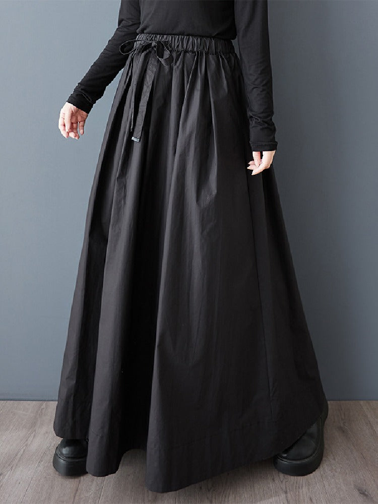【728】ロング丈 Aラインスカート レディース 黒 フレアスカート ウエストゴム リボンベルト付き 体型カバー ゆったり モード系 春夏新作