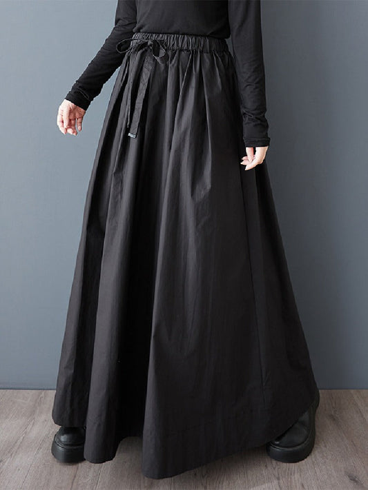 【728】ロング丈 Aラインスカート レディース 黒 フレアスカート ウエストゴム リボンベルト付き 体型カバー ゆったり モード系 春夏新作