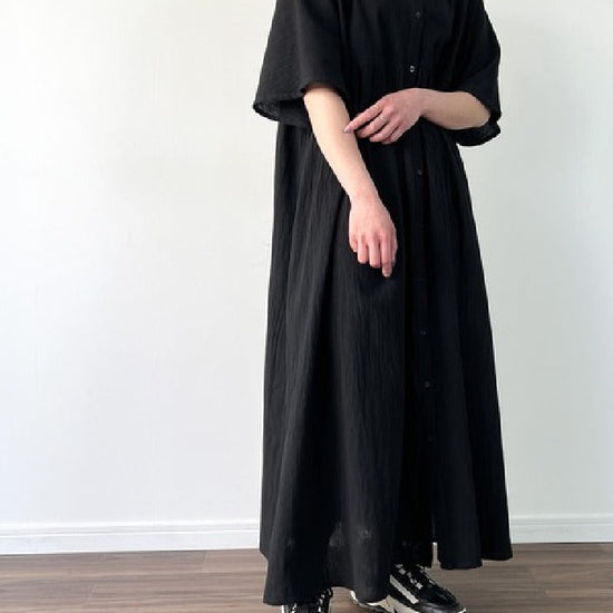 3色展開 リネン風 シャツワンピース レディース 五分袖 ロング丈 ゆったり 前開き ボタン付き 羽織りにもなる カジュアル 涼しい 夏コーデ 新作