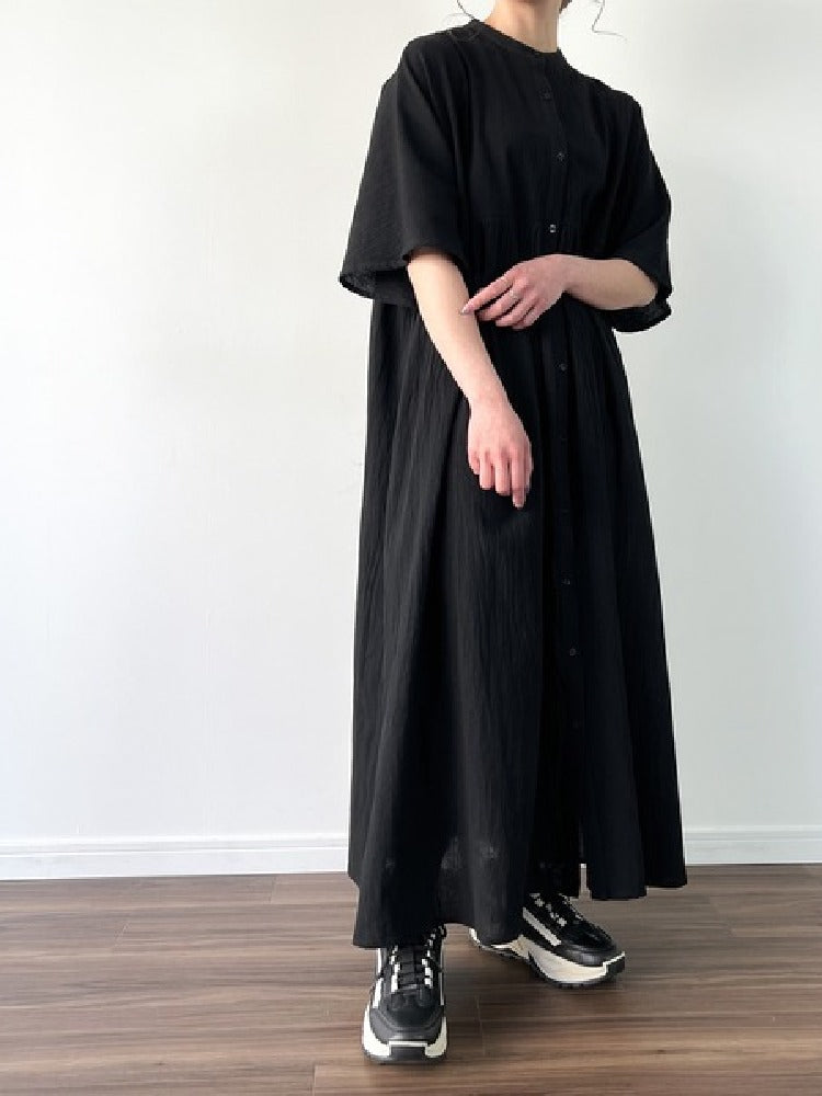 3色展開 リネン風 シャツワンピース レディース 五分袖 ロング丈 ゆったり 前開き ボタン付き 羽織りにもなる カジュアル 涼しい 夏コーデ 新作