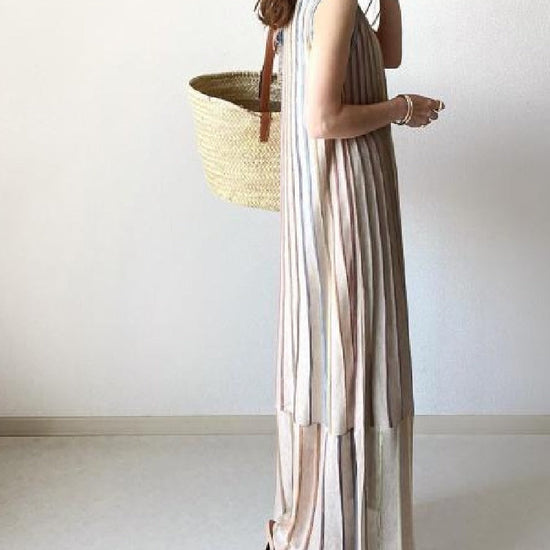 【701】ストライプ柄 ノースリーブ ロングワンピース レディース ラウンドネック ゆったり シンプル ナチュラル 夏服 体型カバー マキシ丈