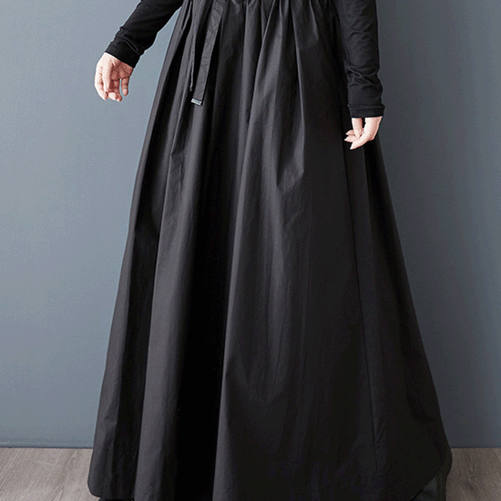 【728】ロング丈 Aラインスカート レディース 黒 フレアスカート ウエストゴム リボンベルト付き 体型カバー ゆったり モード系 春夏新作