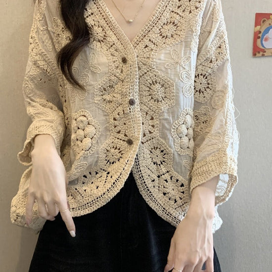 【757】Vネック かぎ針編み レース カーディガン 透かし彫り 長袖 ゆったり 日焼け対策 エアコン対策