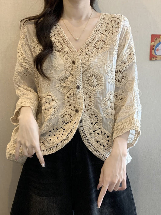 【757】Vネック かぎ針編み レース カーディガン 透かし彫り 長袖 ゆったり 日焼け対策 エアコン対策