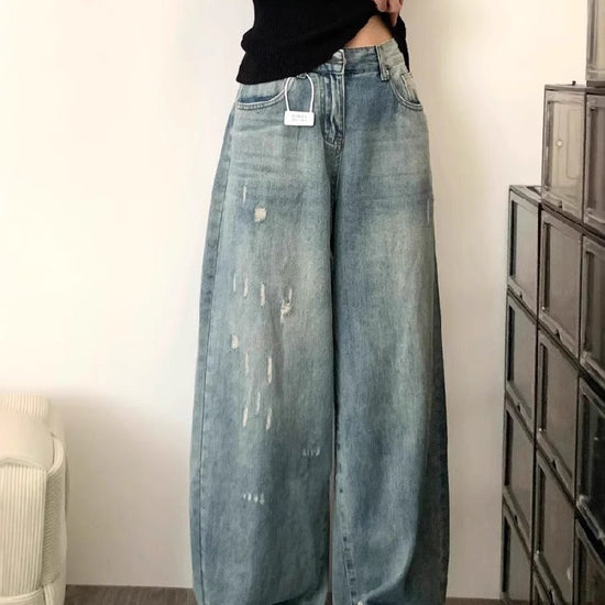 【737】アメリカンヴィンテージ デニムパンツ レディース ハイウエスト ストリート スタイル ブルー ダメージ加工 ワイドレッグ ルーズ フィット 美脚 ストレートパンツ カジュアル 春夏新作