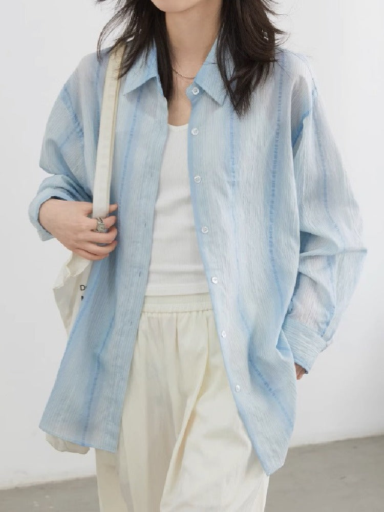 【743】ストライプ シャツ レディース オープンカラー ワイドフィット UVカット 長袖 薄手 カーディガン 夏用 日焼け防止 冷房対策 体型カバー 春夏新作