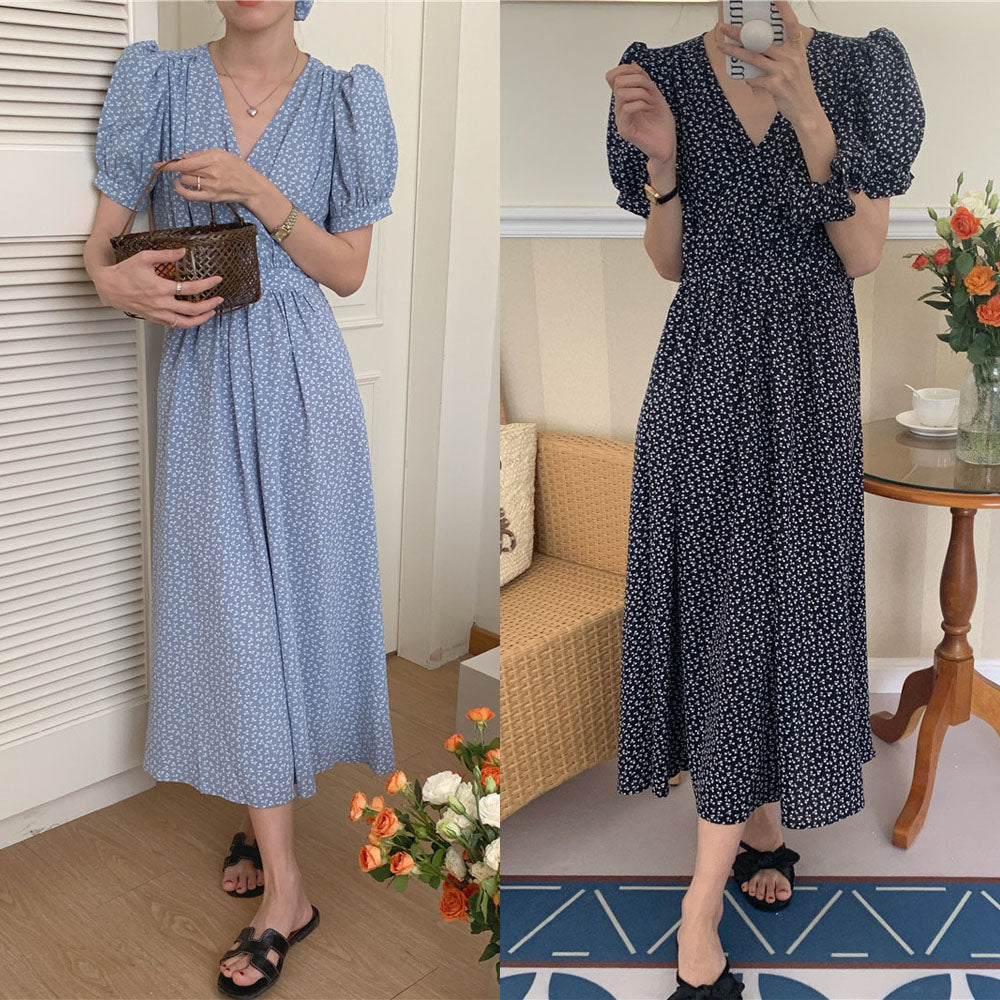 【734】3色展開 花柄ワンピース Vネック パフスリーブ ウエストマーク ロング丈 フレアシルエット 体型カバー 夏服