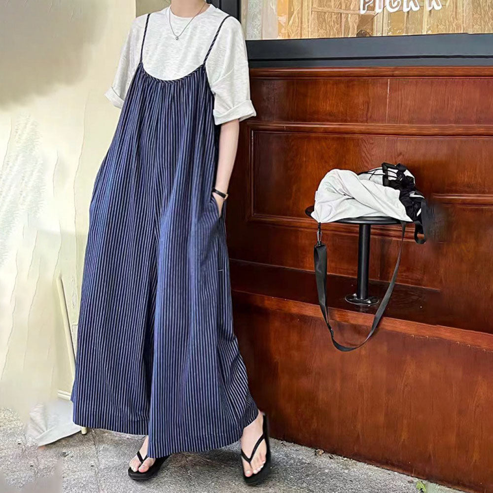【738】ブルーストライプ サロペット レディース 夏用 ワイドパンツ ルーズフィット シェイプアップ カジュアル オールインワン ゆったり ストラップパンツ 体型カバー 涼感 春夏新作