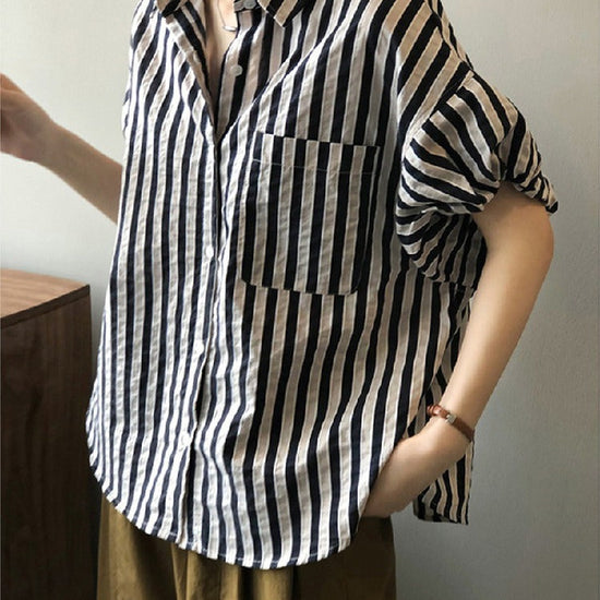 ID788 2色展開 ストライプ柄 シャツ レディース 五分袖 バルーンスリーブ ゆったり ショート丈 高見え トップス 夏 カジュアル