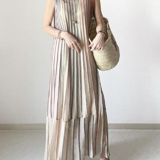 【701】ストライプ柄 ノースリーブ ロングワンピース レディース ラウンドネック ゆったり シンプル ナチュラル 夏服 体型カバー マキシ丈