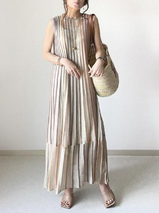 【701】ストライプ柄 ノースリーブ ロングワンピース レディース ラウンドネック ゆったり シンプル ナチュラル 夏服 体型カバー マキシ丈