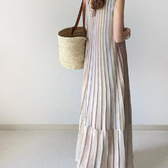 【701】ストライプ柄 ノースリーブ ロングワンピース レディース ラウンドネック ゆったり シンプル ナチュラル 夏服 体型カバー マキシ丈