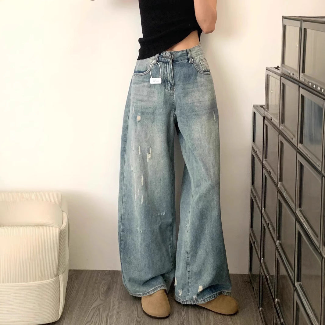 【737】アメリカンヴィンテージ デニムパンツ レディース ハイウエスト ストリート スタイル ブルー ダメージ加工 ワイドレッグ ルーズ フィット 美脚 ストレートパンツ カジュアル 春夏新作