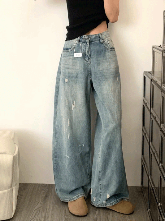 【737】アメリカンヴィンテージ デニムパンツ レディース ハイウエスト ストリート スタイル ブルー ダメージ加工 ワイドレッグ ルーズ フィット 美脚 ストレートパンツ カジュアル 春夏新作