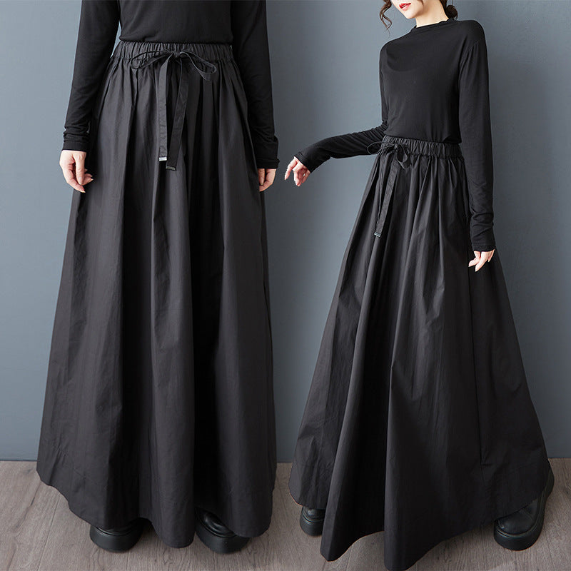 【728】ロング丈 Aラインスカート レディース 黒 フレアスカート ウエストゴム リボンベルト付き 体型カバー ゆったり モード系 春夏新作