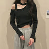 【121】春秋 ハーネスネック オフショルダー ロングスリーブ ニットトップス 長袖 Tシャツ クロップド丈 セクシー 露肩 インナー ハイウエスト レディース